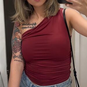 White Fox Boutique One-Shoulder Maroon Tank Top